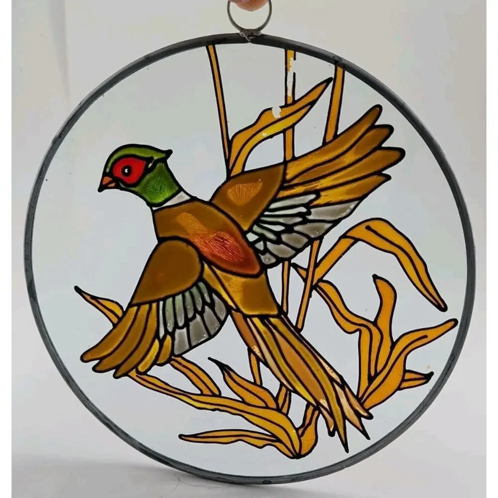 Vintage Round Stained Glass Suncatcher Pheasant Bird Window Hanging Art Leaded